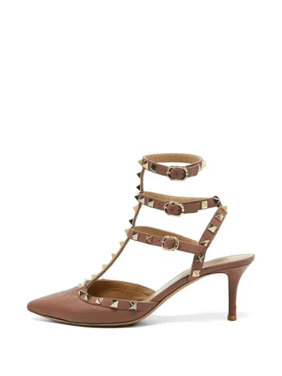 Pre-owned Valentino Garavani Rockstud Ankle-strap Pumps In Neutral