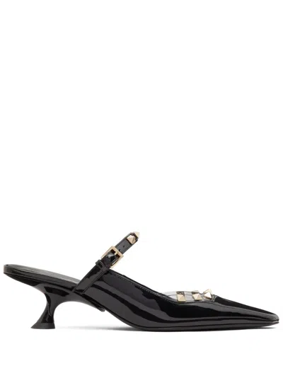 Valentino Garavani Rockstud Asymmetric Patent-leather Mules In Black