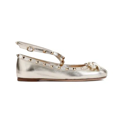 Valentino Garavani Rockstud Ballet Flats In Metallic Leather In Grey