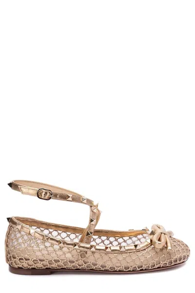 Valentino Garavani Valentino Rockstud Ballet Flat In Mesh And Tonal S In Brown