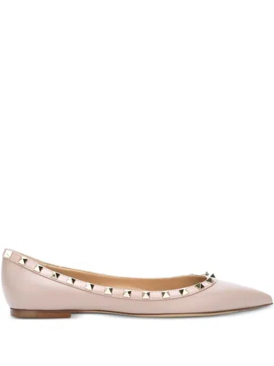 Valentino Garavani Valentino Pointed Toe Flat Shoes With Gold-tone Rockstuds In Pink