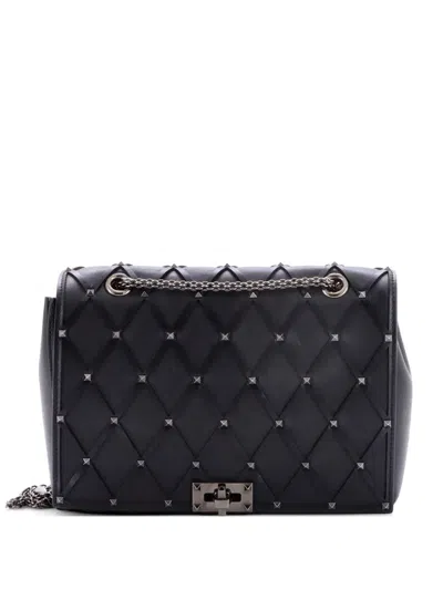 Pre-owned Valentino Garavani Rockstud Beehive Chain Flap Bag Quilted Leather Medium Shoulder Bag In Black
