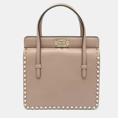Pre-owned Valentino Garavani Rockstud Beige Leather Frame Tote