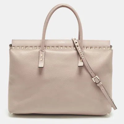 Pre-owned Valentino Garavani Rockstud Beige Leather Frame Tote In Sand
