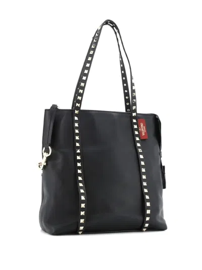 Pre-owned Valentino Garavani Rockstud Belted Soft Leather Medium Tote Bag In Black