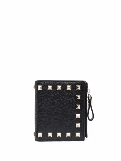 Valentino Garavani Rockstud Leather Flap French Wallet In Black