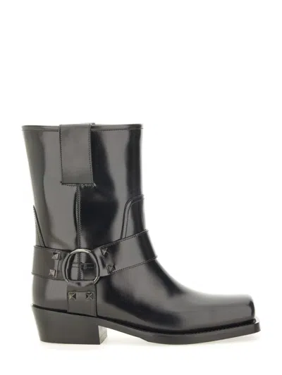 Valentino Garavani Rockstud Biker Ankle Boot In Brushed Leather In Black