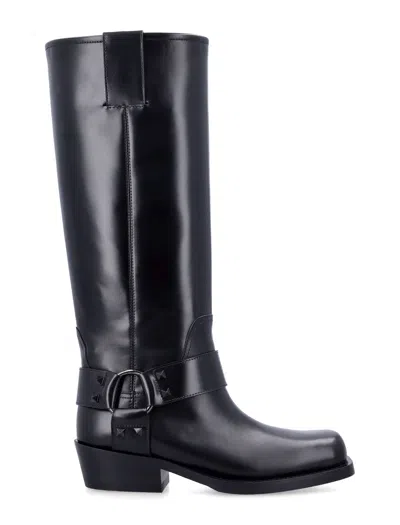 VALENTINO GARAVANI BLACK LEATHER BIKER ROCKSTUD BOOTS