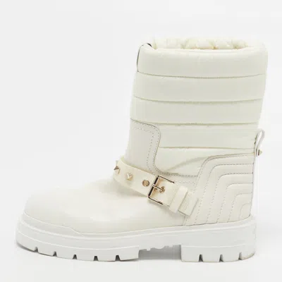 Pre-owned Valentino Garavani Rockstud Biker Size 39.5 White Leather And Nylon Rain Boots