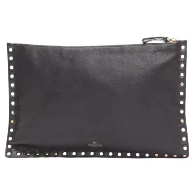 Pre-owned Valentino Garavani Valentino Rockstud Black Gold Round Studs Logo Triangle Flat Clutch Bag