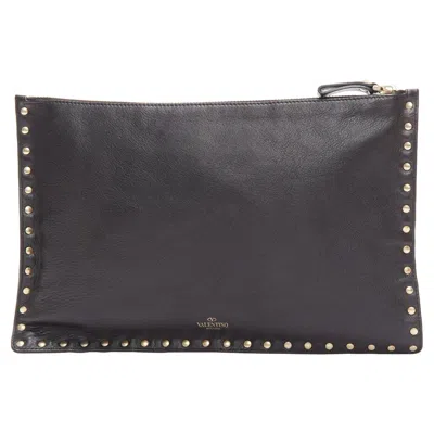 Pre-owned Valentino Garavani Valentino Rockstud Black Gold Round Studs Logo Triangle Flat Clutch Bag