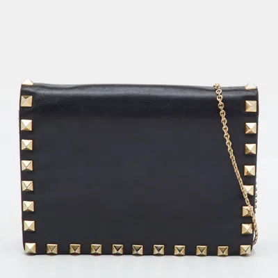 Pre-owned Valentino Garavani Rockstud Black Leather Chain Clutch