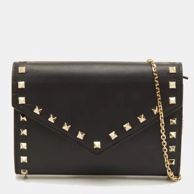 Pre-owned Valentino Garavani Rockstud Black Leather Envelope Flap Chain Clutch