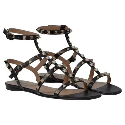 Pre-owned Valentino Garavani Valentino Rockstud Black Leather Flat Gladiator Cage Sandals Eu 40 Us 10 Box