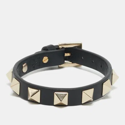 Pre-owned Valentino Garavani Rockstud Black Leather Gold Tone Bracelet