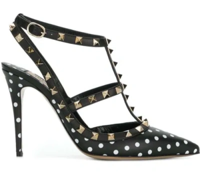 Pre-owned Valentino Garavani Valentino Rockstud Black White Polka Dot Ankle T Strap Sandal Heel Pump 36