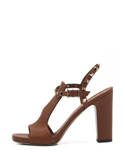 Pre-owned Valentino Garavani Rockstud Block-heel Sandals In Brown