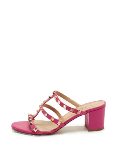 Pre-owned Valentino Garavani Rockstud Block-heel Sandals In Pink