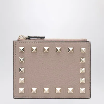 Valentino Garavani Rockstud Blush Pink Leather Zip Card Holder In Red