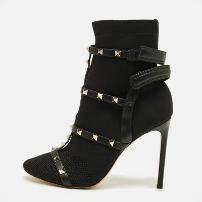 Pre-owned Valentino Garavani Rockstud Bodytech Size 39 Black Knit Fabric And Leather Ankle Length Boots
