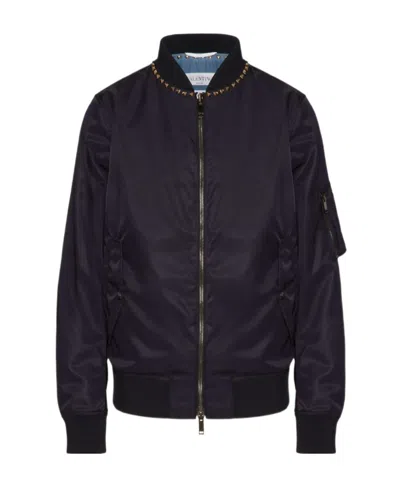 Valentino Rockstud Bomber Jacket In Navy Blue
