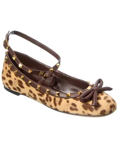 Valentino Garavani Valentino Rockstud Bow Haircalf & Leather Flat In Brown