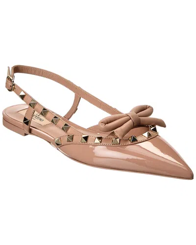 Valentino Garavani Valentino Rockstud Bow Patent Slingback Ballerina Flat In Brown