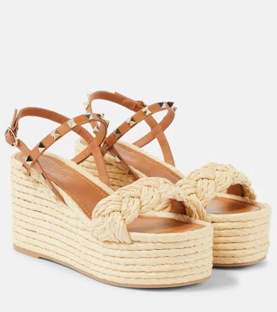 Valentino Garavani Rockstud Braided Leather Espadrille Wedges In Brown