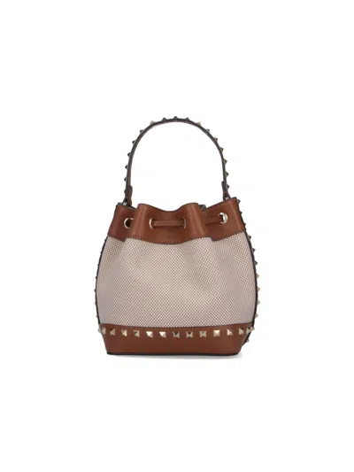 Valentino Garavani Rockstud Spike Canvas And Leather Shoulder Bag In Brown