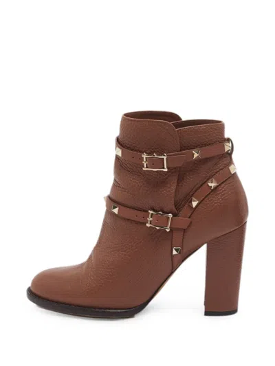 Pre-owned Valentino Garavani Rockstud Buckle Ankle Boots In Brown