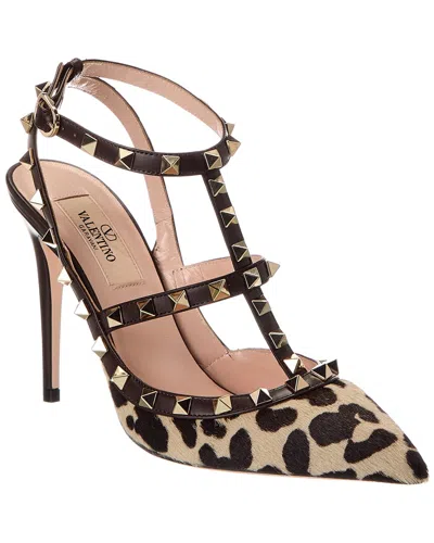 Valentino Rockstud Caged 100 Haircalf & Leather Pump In Brown