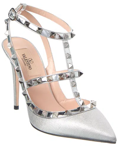 Valentino Garavani Valentino Rockstud Caged 100 Leather-trim Pump In Silver