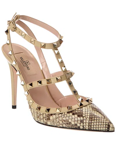 Valentino Garavani Valentino Rockstud Caged 100 Python & Leather Pump In Gold