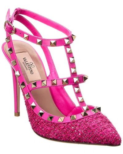 Valentino Garavani Rockstud Caged 100 Tweed & Leather Pump In Pink