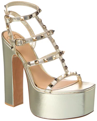 Valentino Garavani Valentino Rockstud Caged 155 Leather Ankle Strap Platform Sandal In Gold