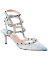 Valentino Rockstud Caged 65 Lace & Suede Ankle Strap Pump In Blue