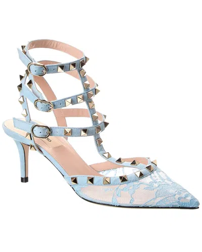 Valentino Garavani Valentino Rockstud Caged 65 Lace & Suede Ankle Strap Pump In Blue