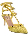 Valentino Rockstud Caged 65 Leather & Tweed Ankle Strap Pump In Yellow
