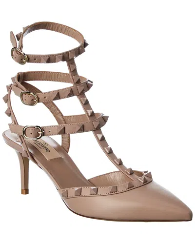 Valentino Garavani Valentino Rockstud Caged 65 Leather Ankle Strap Pump In Brown