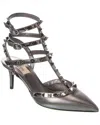 Valentino Rockstud Caged 65 Leather Ankle Strap Pump In Grey