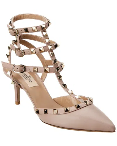 Valentino Garavani Valentino Rockstud Caged 65 Leather Ankle Strap Pump In Neutral