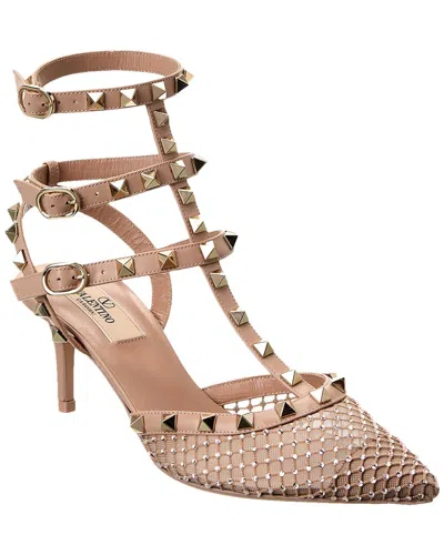 Valentino Garavani Valentino Rockstud Caged 65 Mesh & Leather Ankle Strap Pump In Brown