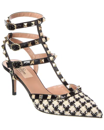 Valentino Garavani Rockstud Caged 65 Tweed & Patent Ankle Strap Pump In Black