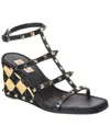 Valentino Rockstud Caged 90 Leather Ankle Strap Wedge Sandal In Black