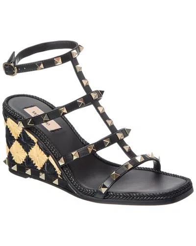 VALENTINO GARAVANI VALENTINO ROCKSTUD CAGED 90 LEATHER ANKLE STRAP WEDGE SANDAL