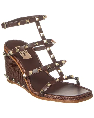 Valentino Garavani Valentino Rockstud Caged 90 Leather Ankle Strap Wedge Sandal In Brown