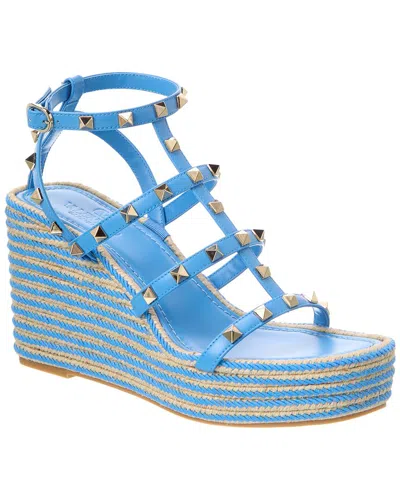 Valentino Garavani Valentino Rockstud Caged 95 Leather Wedge Sandal In Blue