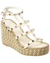 Valentino Rockstud Caged 95 Rope & Leather Wedge Sandal In White