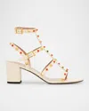 Valentino Rockstud Caged Ankle-strap Leather Sandals In Ivory/coral Red