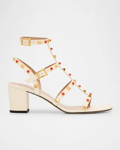 Valentino Garavani Rockstud Caged Ankle-strap Leather Sandals In Beige
